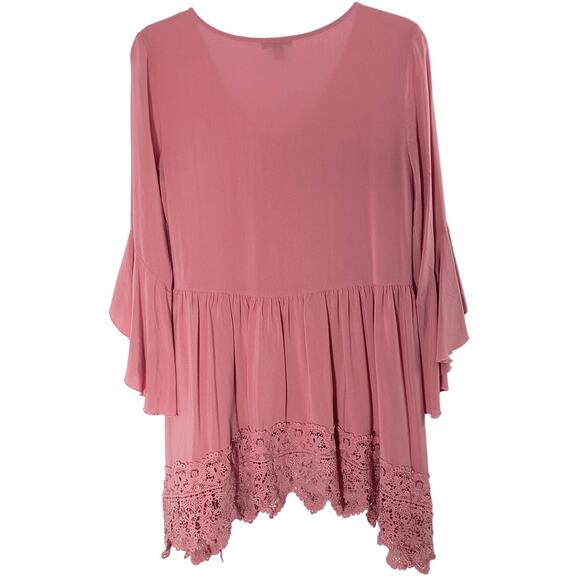 Cupio Boho Tunic Top Women's Size M Pink  3/4 Bell Sleeve Scalloped Lace Trim - Picture 4 of 13